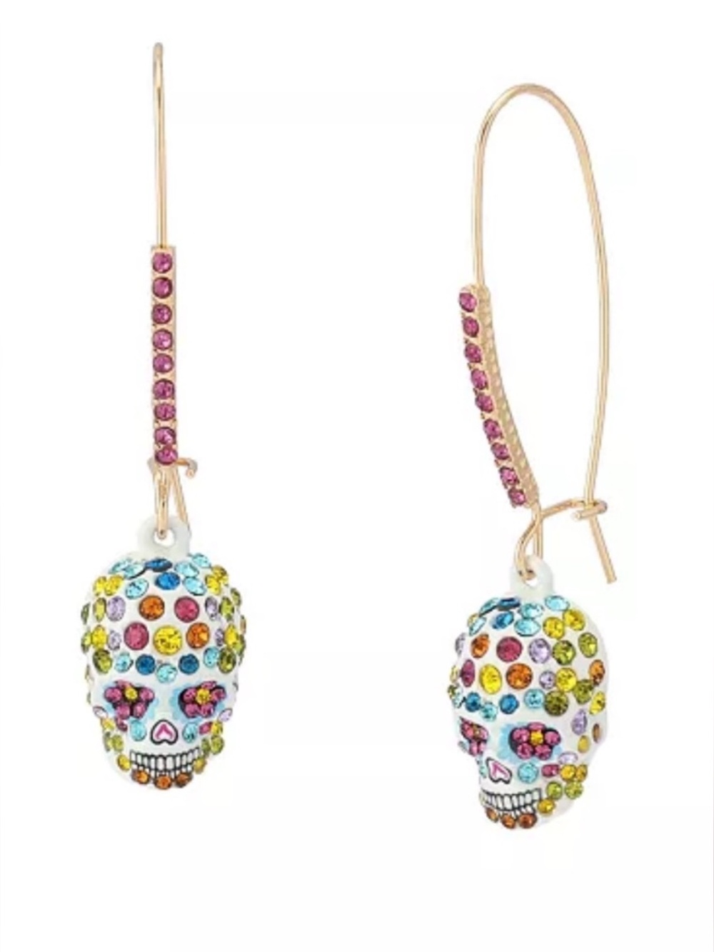 Betsey Johnson Sugar Skull Drop Dangling Earrings with Colorful Crystals NWT